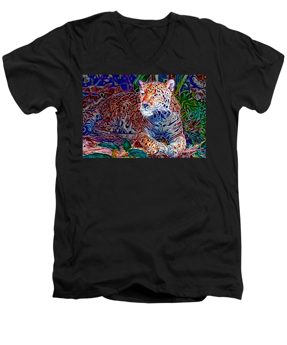 Leopardo Men's V-Neck T-Shirt featuring the digital art Jaguar by - Zedi -