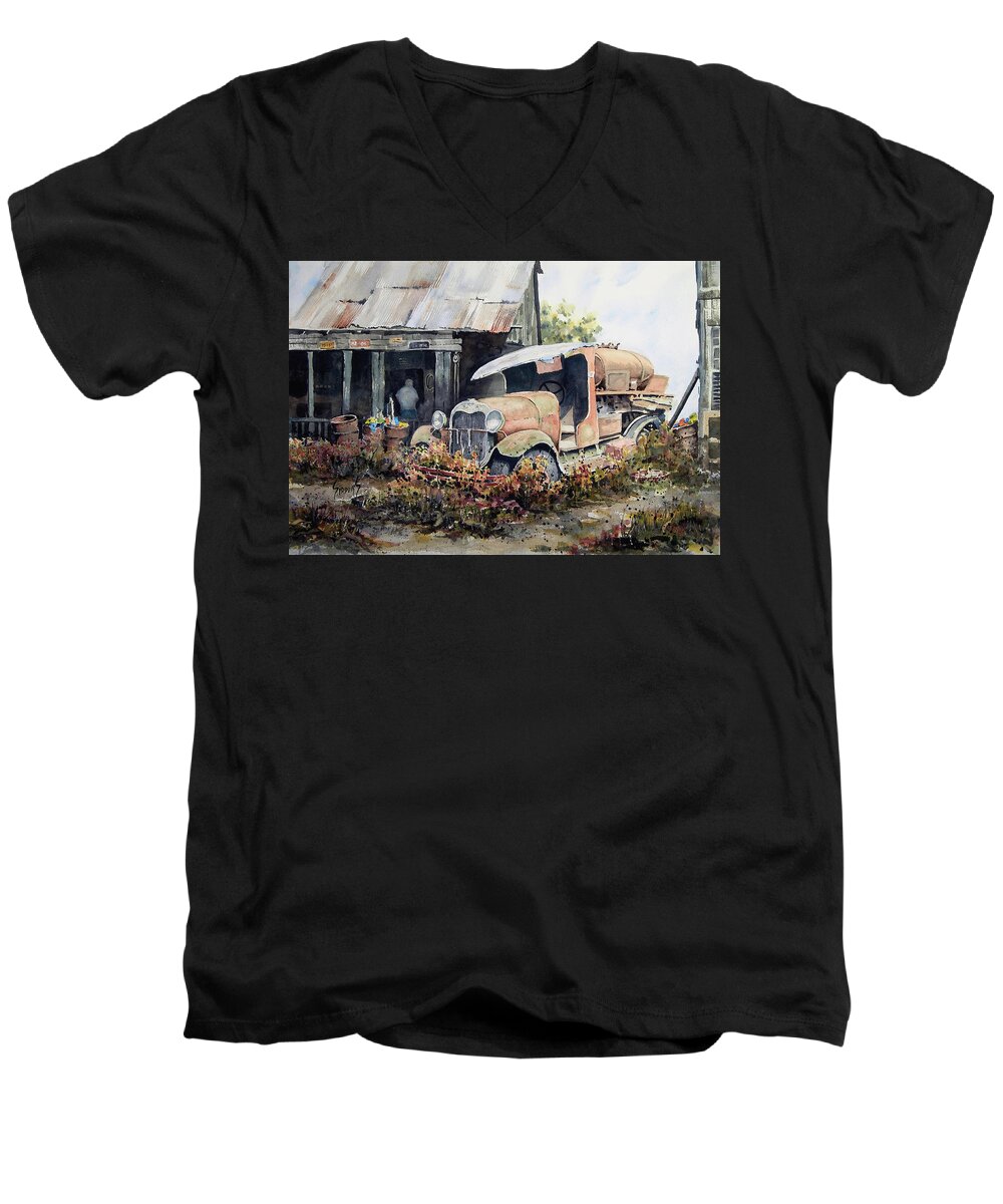 Truck Men's V-Neck T-Shirt featuring the painting Jeromes Tank Truck by Sam Sidders
