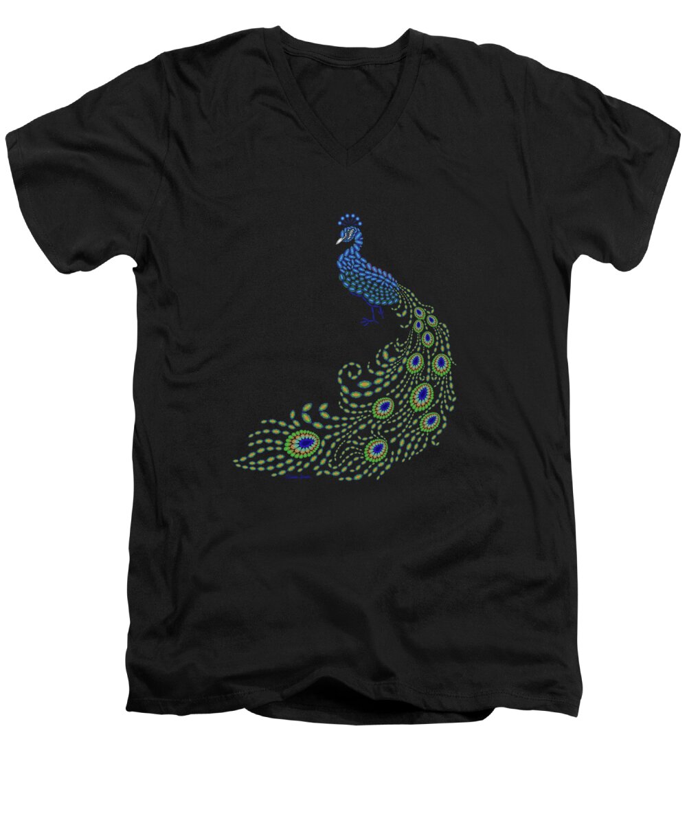 Digital Men's V-Neck T-Shirt featuring the digital art Jeweled Peacock by Heather Schaefer