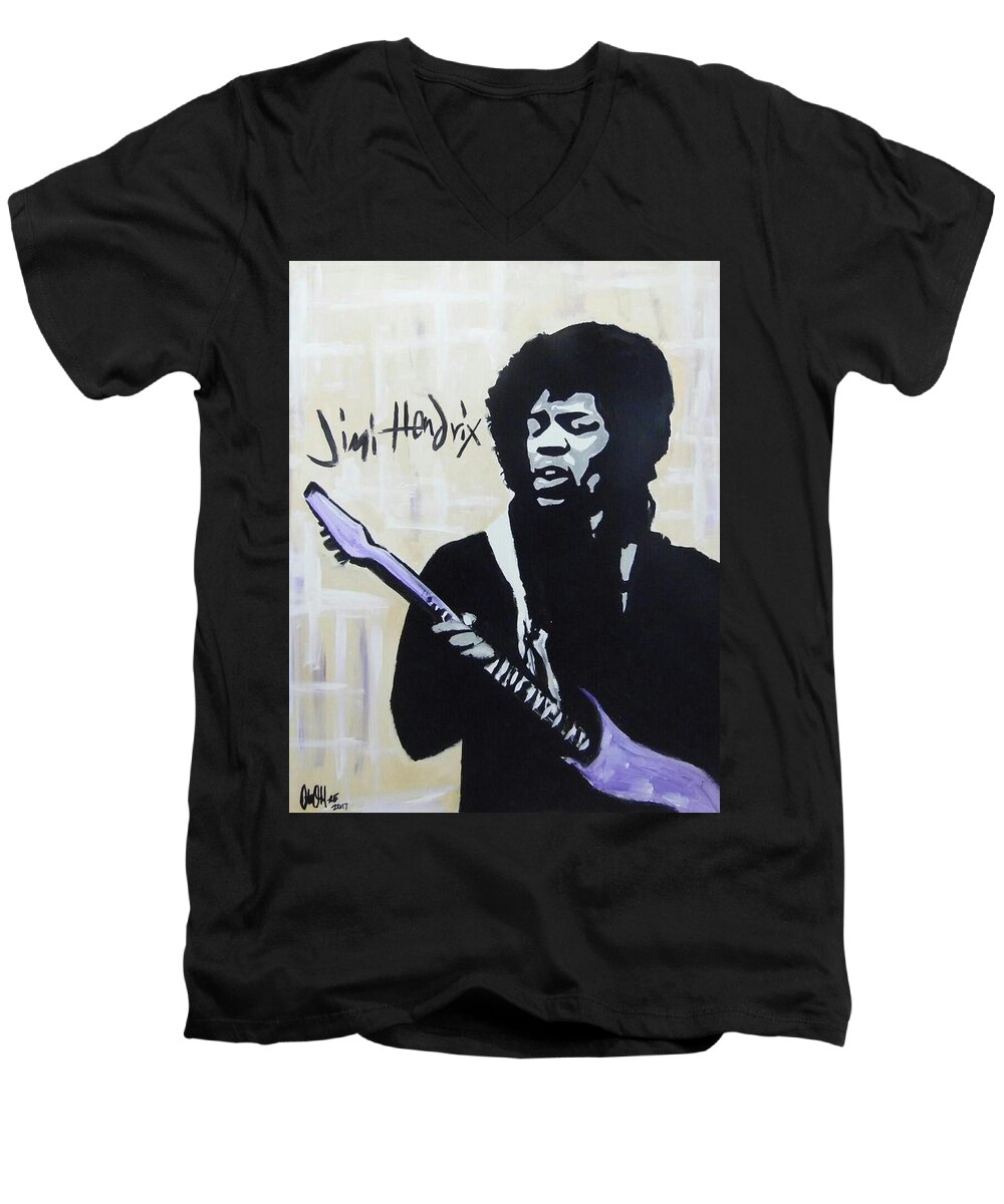 Jimi Hendrix Men's V-Neck T-Shirt featuring the painting Jimi Gretness by Antonio Moore