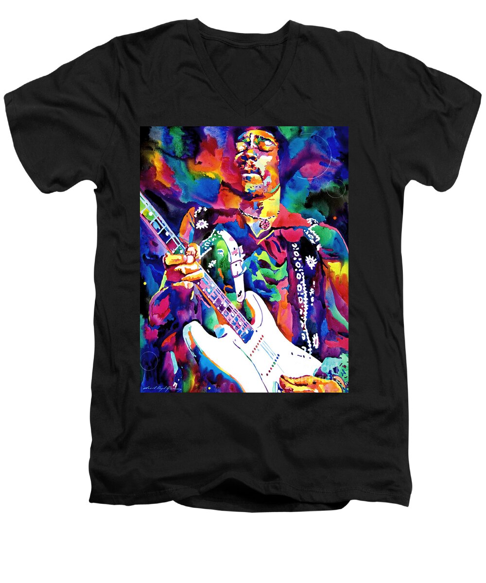 Jimi Hendrix Men's V-Neck T-Shirt featuring the painting Jimi Hendrix Purple by David Lloyd Glover