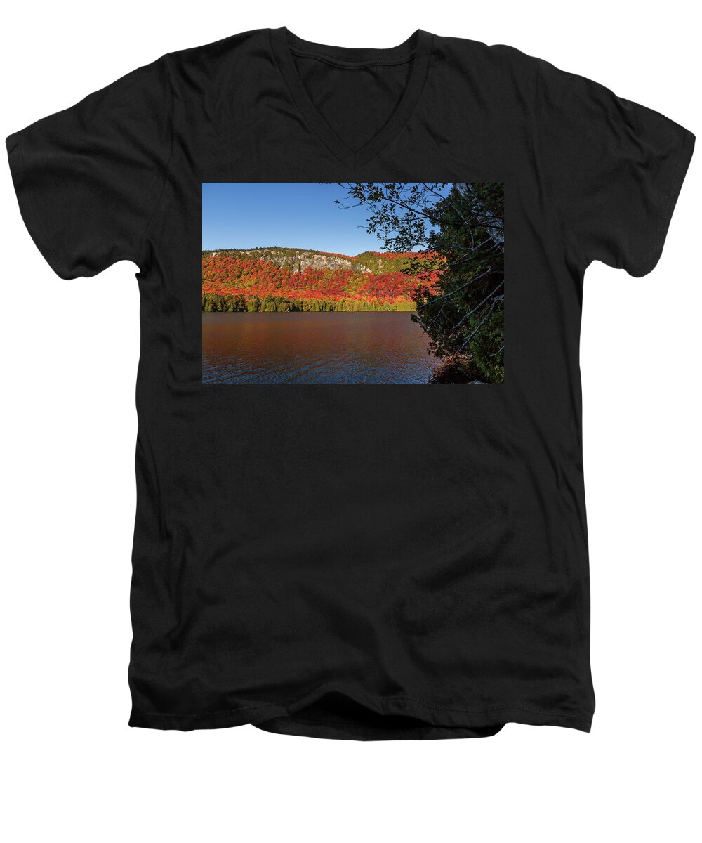 Autumn Men's V-Neck T-Shirt featuring the photograph Jobs Pond and Mountain Autumn by Tim Kirchoff