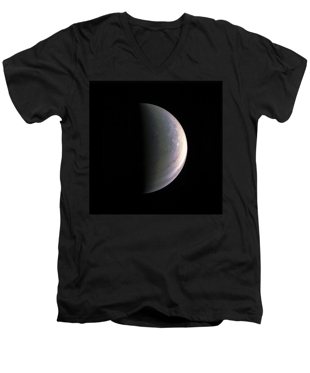 Juno Men's V-Neck T-Shirt featuring the photograph Juno Closing in on Jupiter's North Pole by Eric Glaser