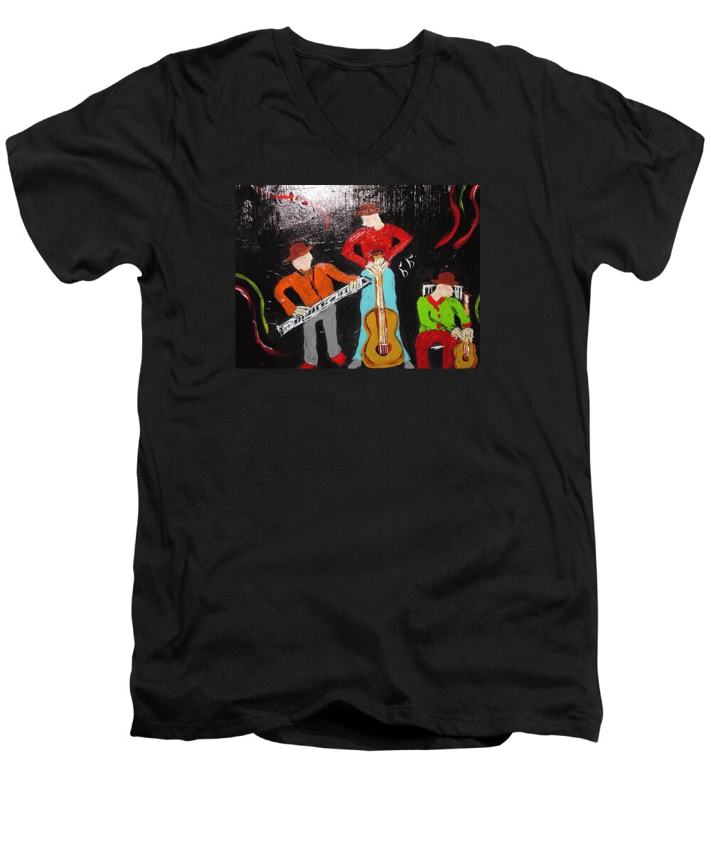 Abstract Whimsical Funfilled Colorful Music Guitars Black Red Green Ochre Men's V-Neck T-Shirt featuring the painting Just Rippin It by Sharyn Winters