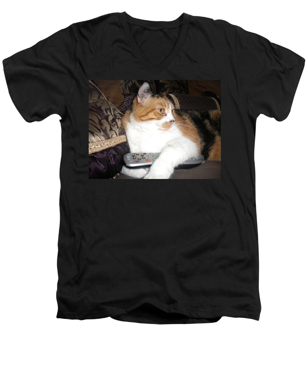Calico Men's V-Neck T-Shirt featuring the photograph Kitty Control by Bridgette Gomes