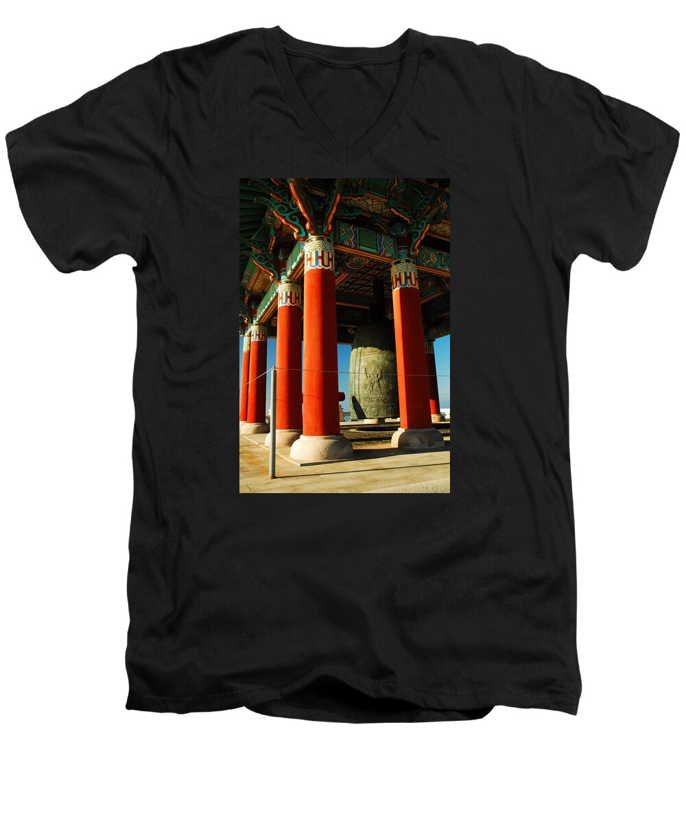 San Pedro Peace Bell Men's V-Neck T-Shirt featuring the photograph Korean Peace Bell San Pedro by James Kirkikis