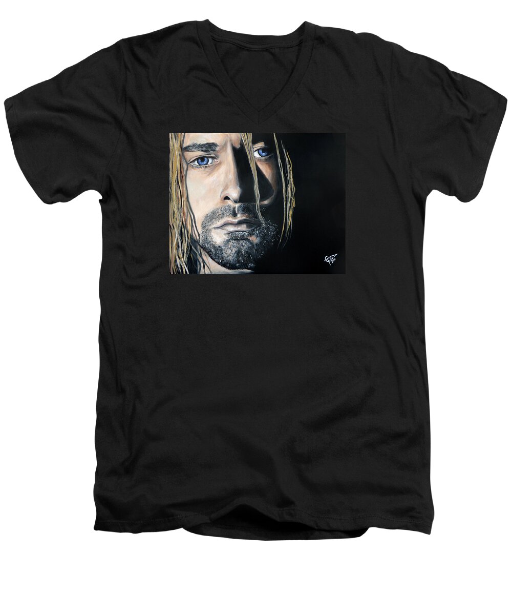 Kurt Cobain Men's V-Neck T-Shirt featuring the painting Kurt Cobain by Tom Carlton