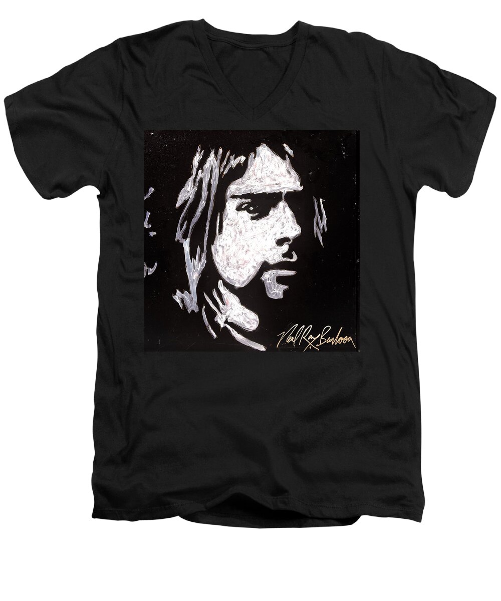 Portrait Kobain Men's V-Neck T-Shirt featuring the painting Kurt kobain by Neal Barbosa