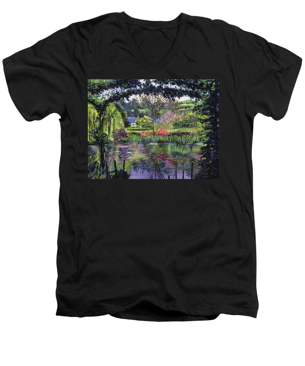 Landscapes Men's V-Neck T-Shirt featuring the painting Lakeside Giverny by David Lloyd Glover