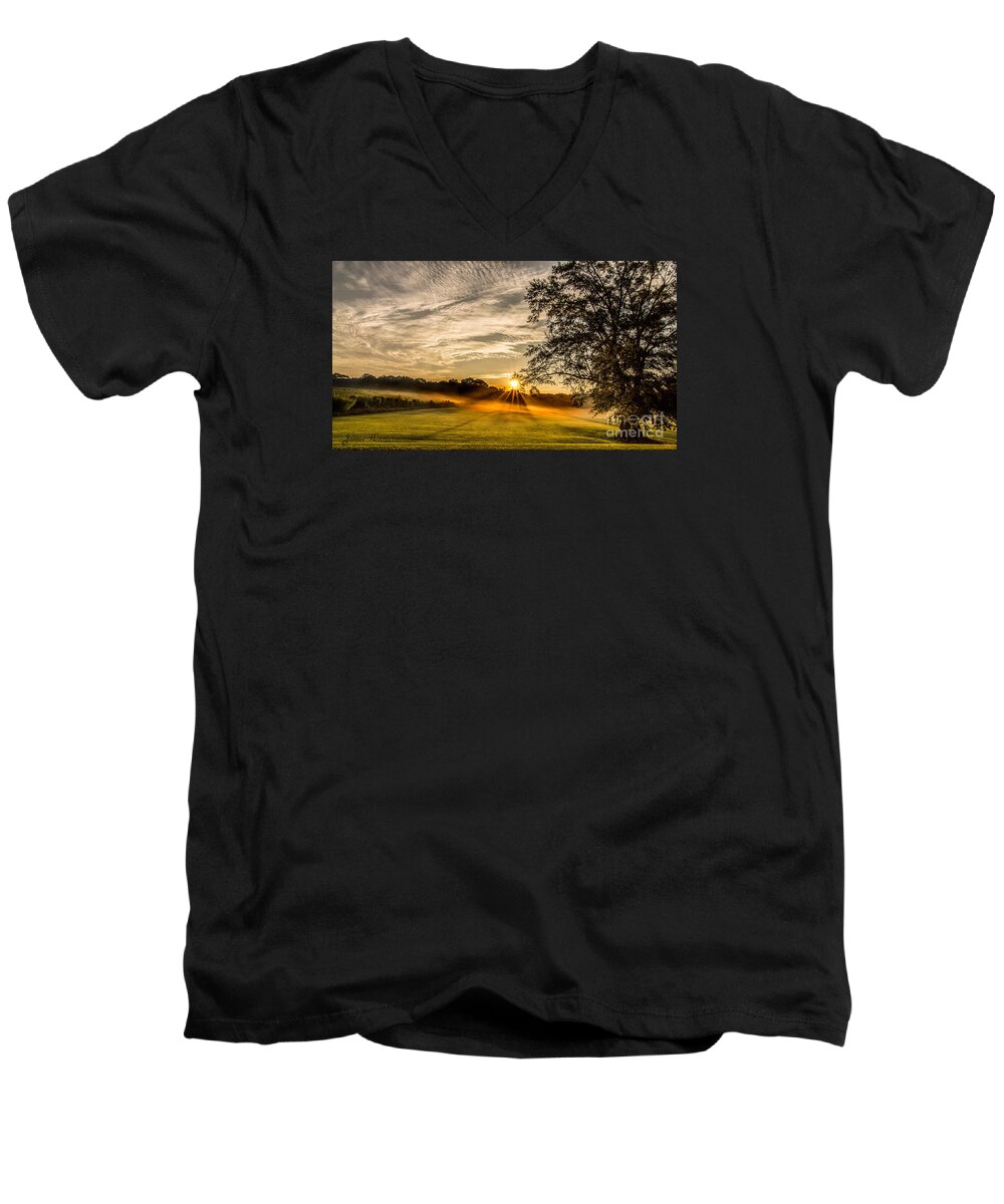 Lawn Men's V-Neck T-Shirt featuring the photograph Lawn Sunrise by Metaphor Photo
