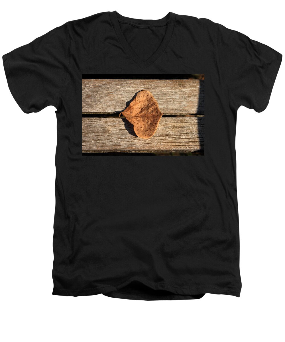 Leaf On Wooden Plank Men's V-Neck T-Shirt featuring the photograph Leaf On Wooden Plank by Viktor Savchenko