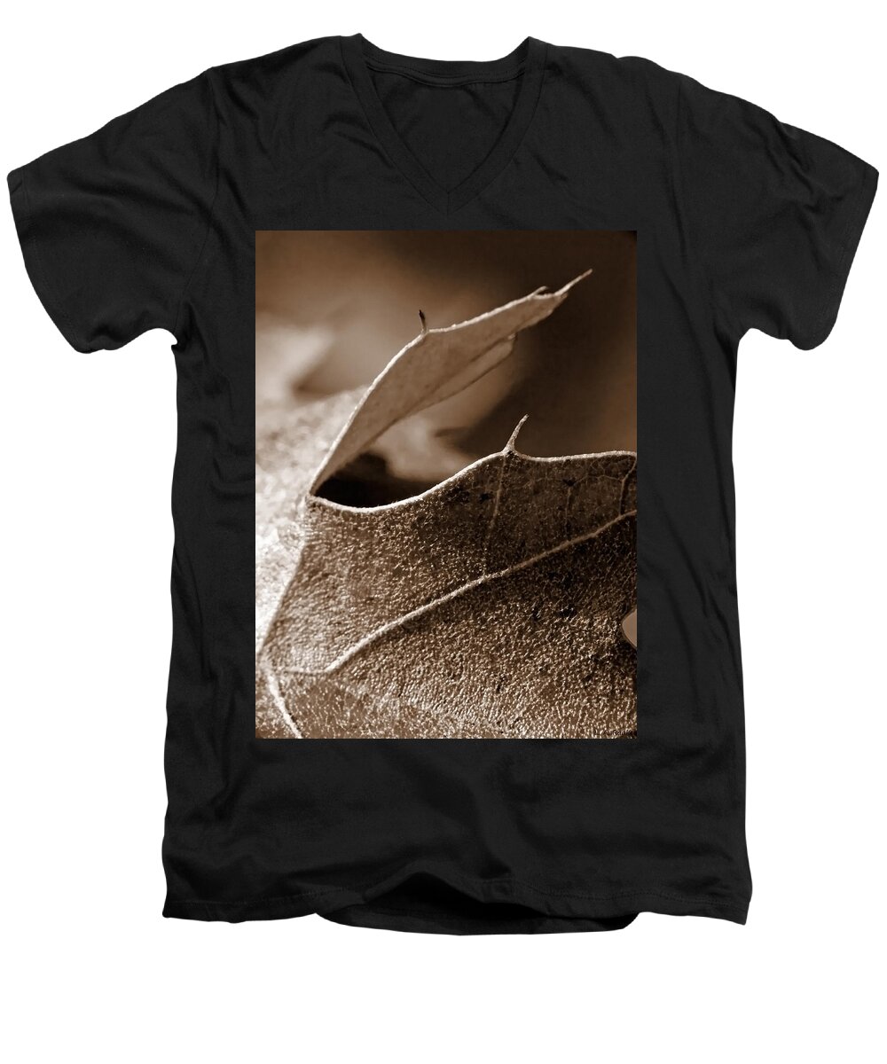 Macro Men's V-Neck T-Shirt featuring the photograph Leaf Study in Sepia II by Lauren Radke