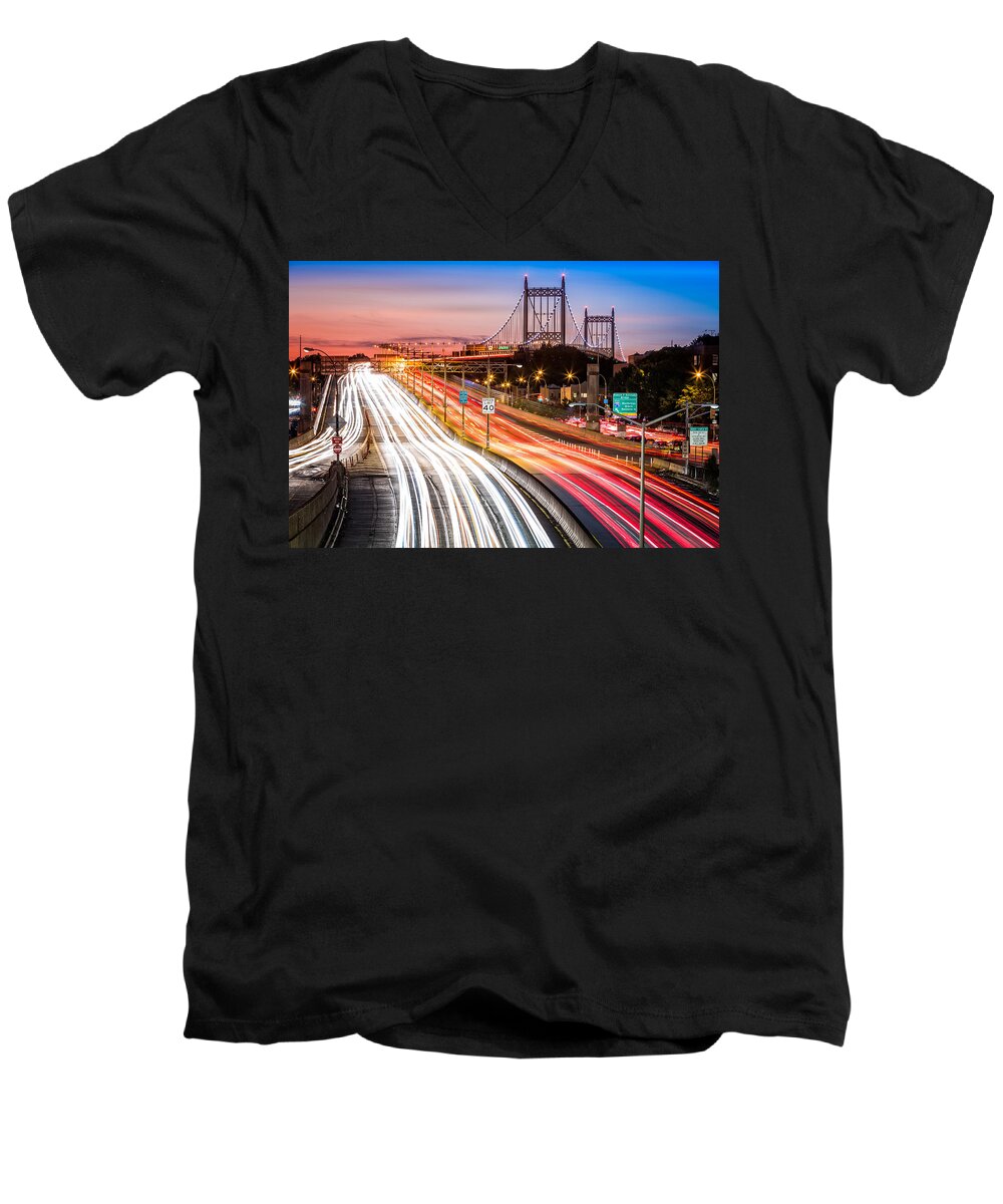 I-278 Men's V-Neck T-Shirt featuring the photograph Light trails on I-278 near Triboro Bridge by Mihai Andritoiu
