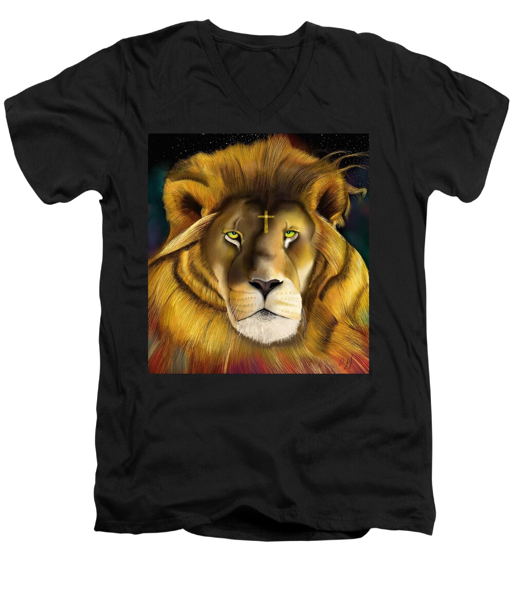 Lions Men's V-Neck T-Shirt featuring the drawing Lion of Judah by Douglas Day Jones