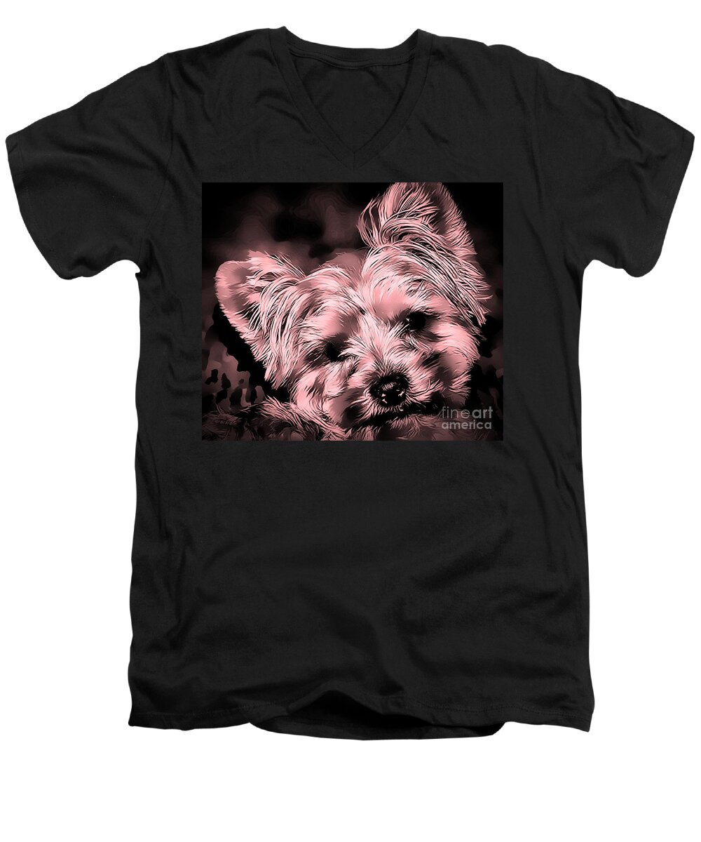 Yorkshire Terrier Men's V-Neck T-Shirt featuring the photograph Little Powder Puff by Kathy Tarochione