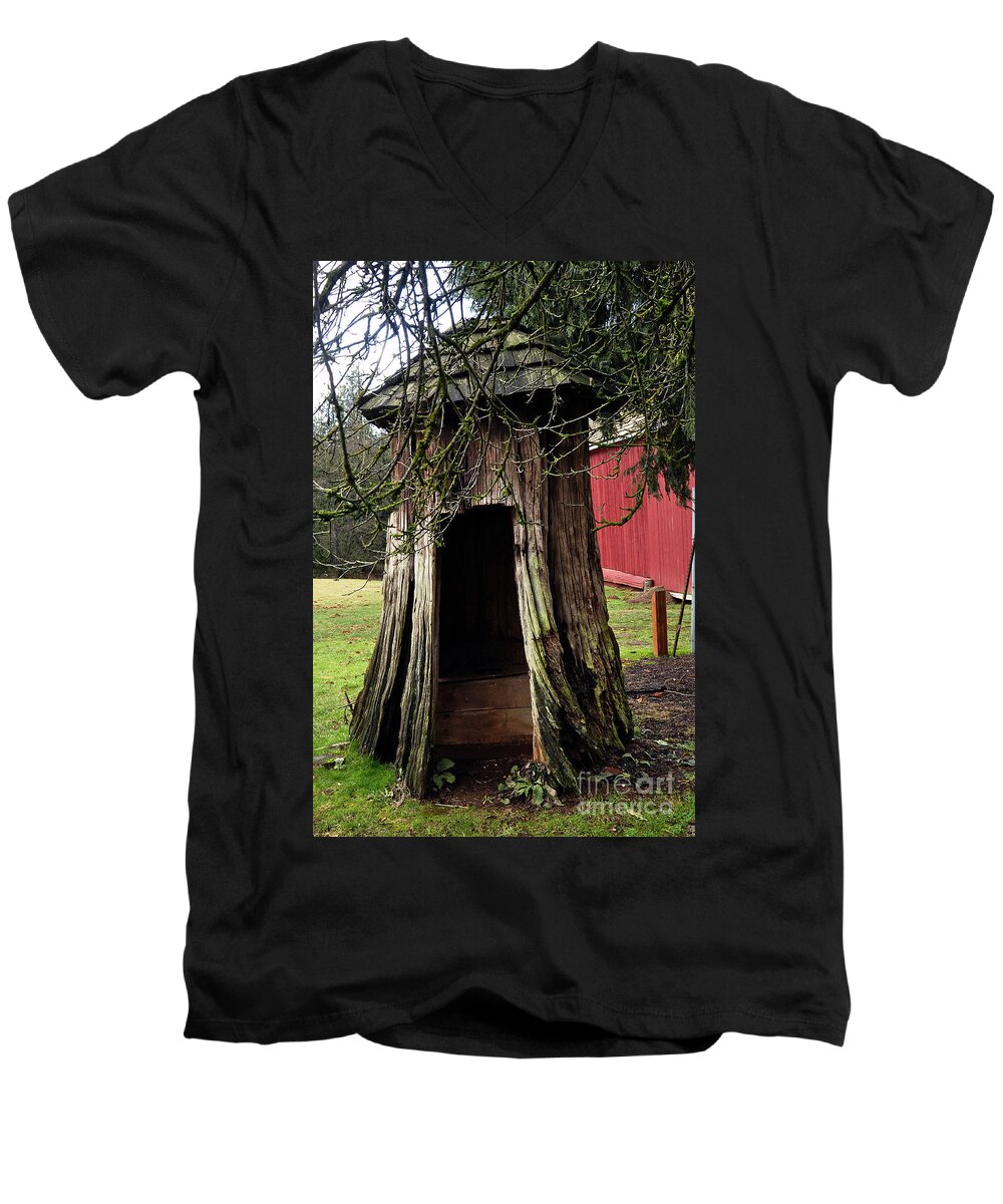 Clay Men's V-Neck T-Shirt featuring the photograph Loggers Outhouse by Clayton Bruster
