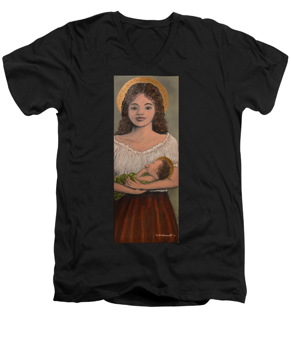 Madonna Men's V-Neck T-Shirt featuring the painting Madonna of the Red Skirt by Kathleen McDermott