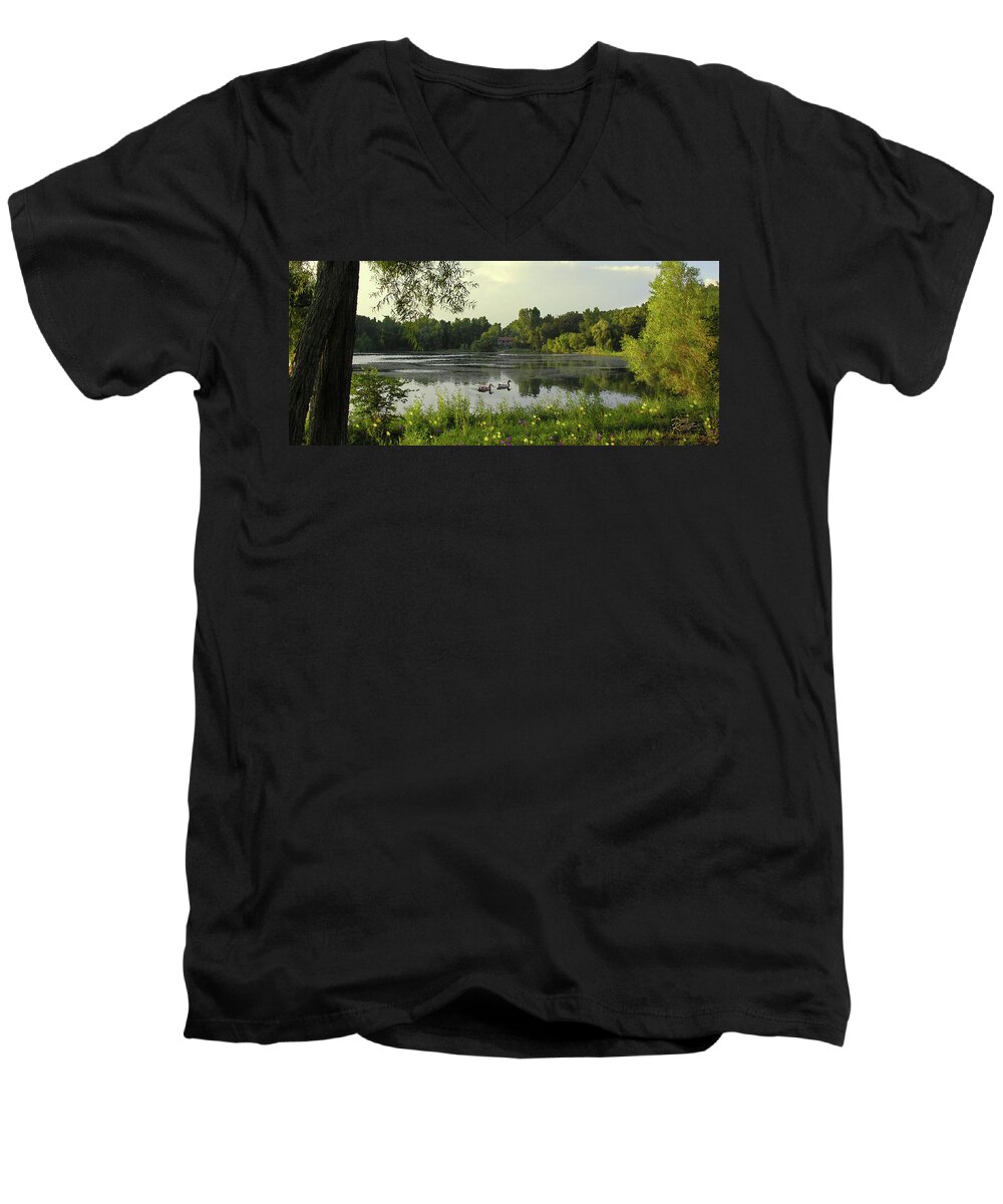 Mallard Men's V-Neck T-Shirt featuring the digital art Mallards Lake II by Doug Kreuger