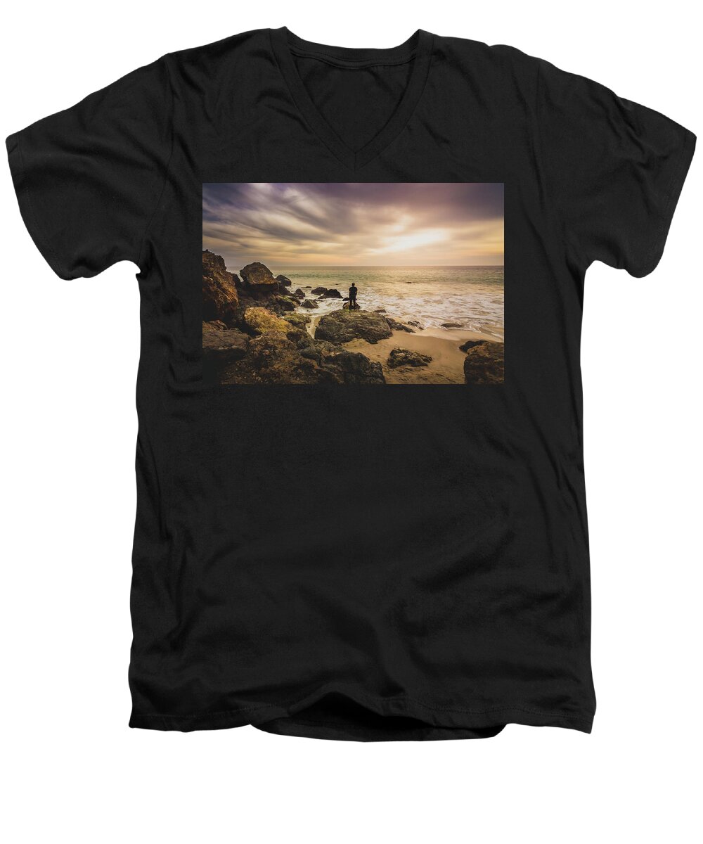Beach Men's V-Neck T-Shirt featuring the photograph Man Watching Sunset in Malibu by Andy Konieczny
