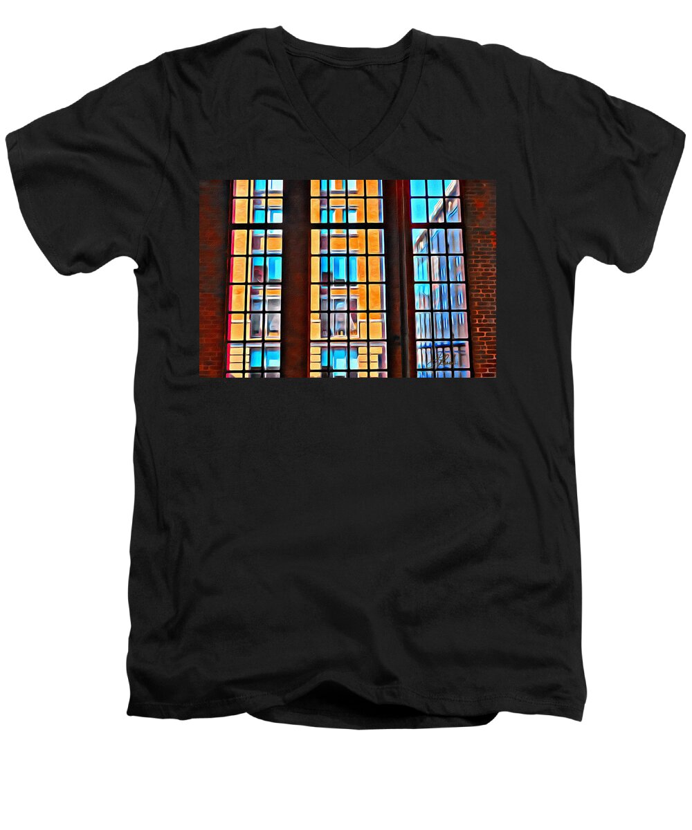 Looking Out Of Windows To See Windows Men's V-Neck T-Shirt featuring the painting Manhattan Windows by Joan Reese