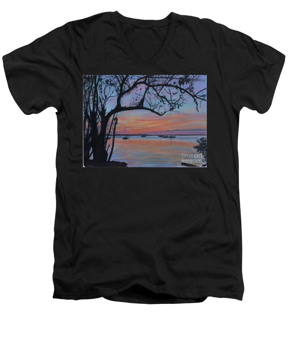 Roshanne Men's V-Neck T-Shirt featuring the pastel Marsh Harbour at Sunset by Roshanne Minnis-Eyma