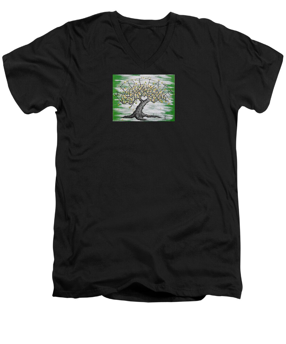 Meditate Men's V-Neck T-Shirt featuring the drawing Meditate Love Tree by Aaron Bombalicki