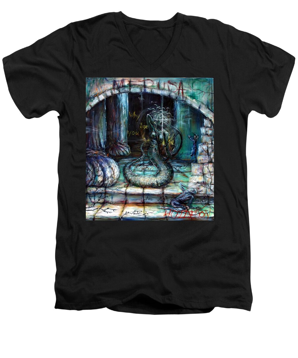 Medusa Men's V-Neck T-Shirt featuring the painting Medusa by Heather Calderon
