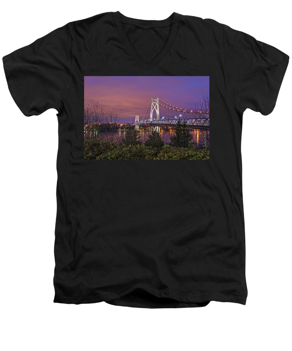 Hudson Valley Men's V-Neck T-Shirt featuring the photograph Mid Hudson Bridge At Twilight by Angelo Marcialis