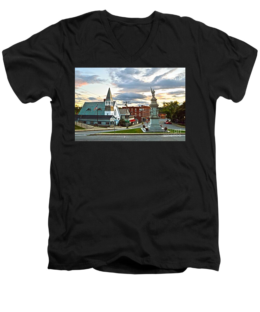 Middlebury Men's V-Neck T-Shirt featuring the photograph Middlebury Vermont at Sunset by Catherine Sherman
