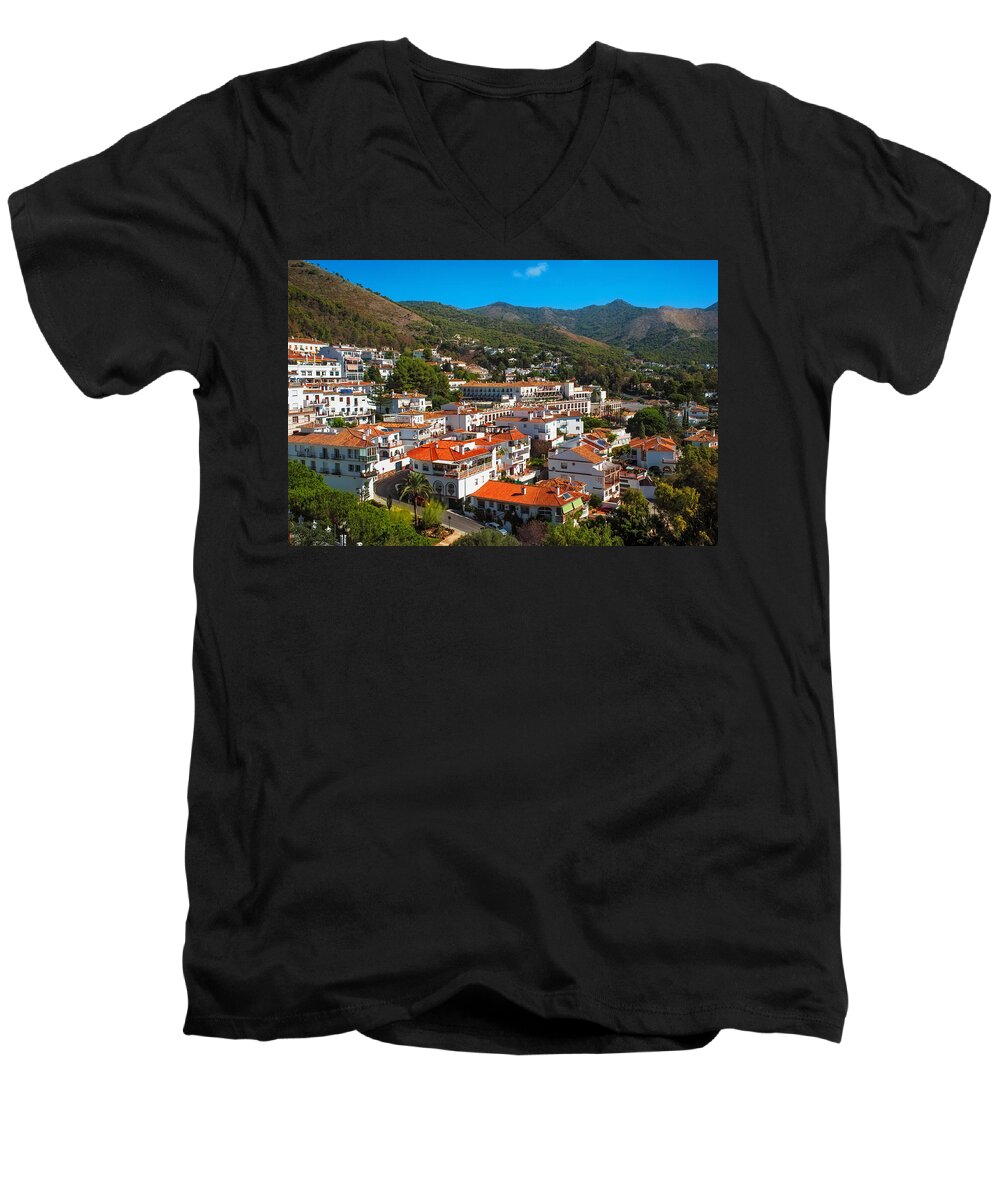 Destination Men's V-Neck T-Shirt featuring the photograph Mijas Village in Spain by Jenny Rainbow