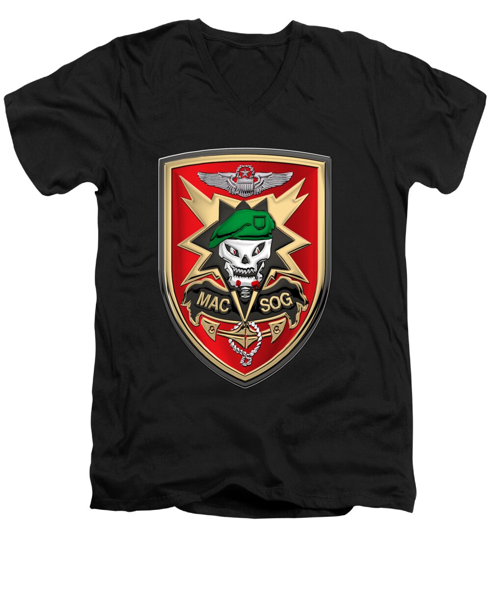 'military Insignia & Heraldry' Collection By Serge Averbukh Men's V-Neck T-Shirt featuring the digital art Military Assistance Command, Vietnam Studies and Observations Group Patch over Black Velvet by Serge Averbukh