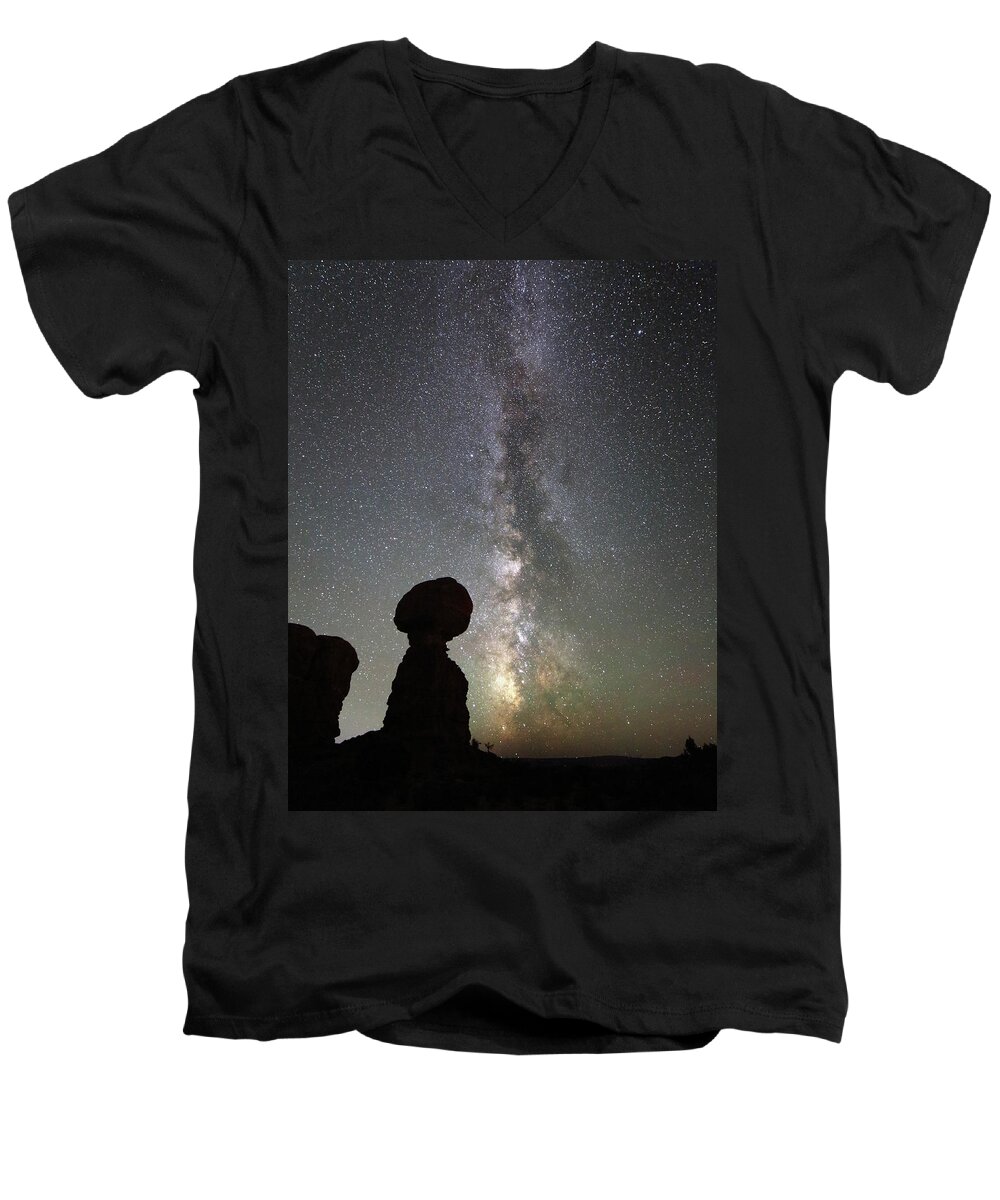 Milky Way Men's V-Neck T-Shirt featuring the photograph Milky Way over Balanced Rock by Jean Clark