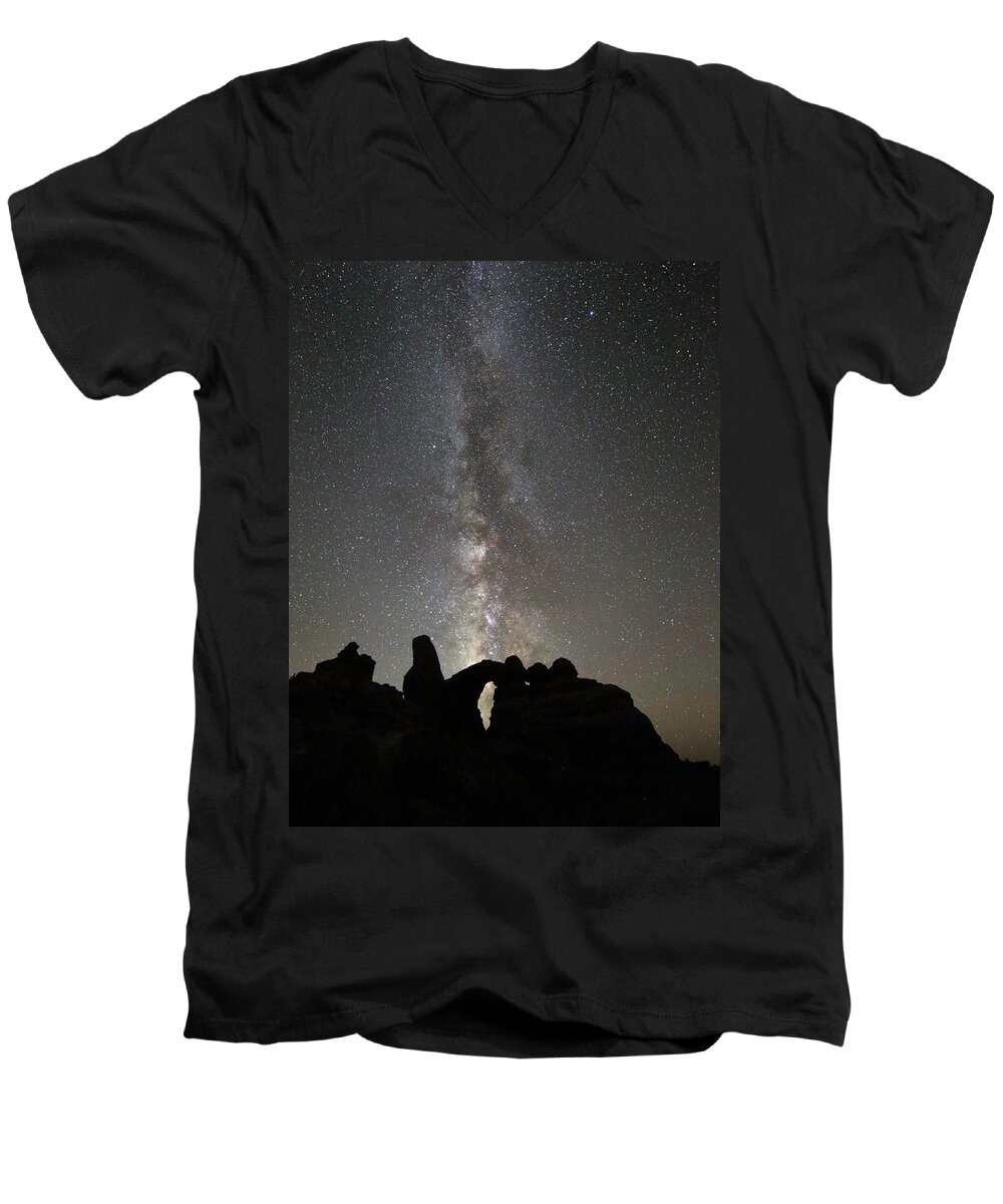 Milky Way Men's V-Neck T-Shirt featuring the photograph Milky Way over Turret Arch by Jean Clark