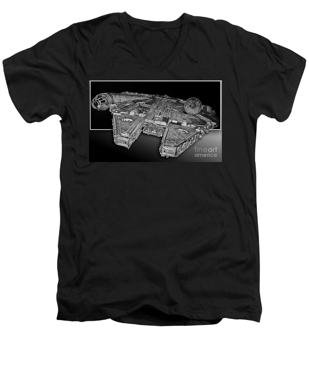 Millennium Men's V-Neck T-Shirt featuring the photograph Millennium Falcon Attack by Kevin Fortier