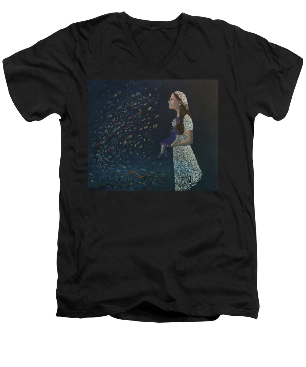 Autumn Men's V-Neck T-Shirt featuring the painting Miss Frost Watching the Autumn Dance by Tone Aanderaa