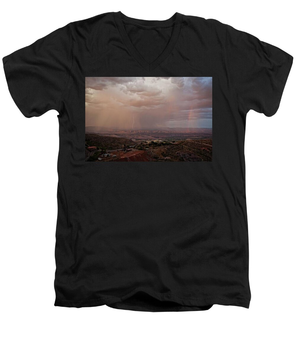 Monsoon Men's V-Neck T-Shirt featuring the photograph Monsoon Lightning and Rainbow by Ron Chilston