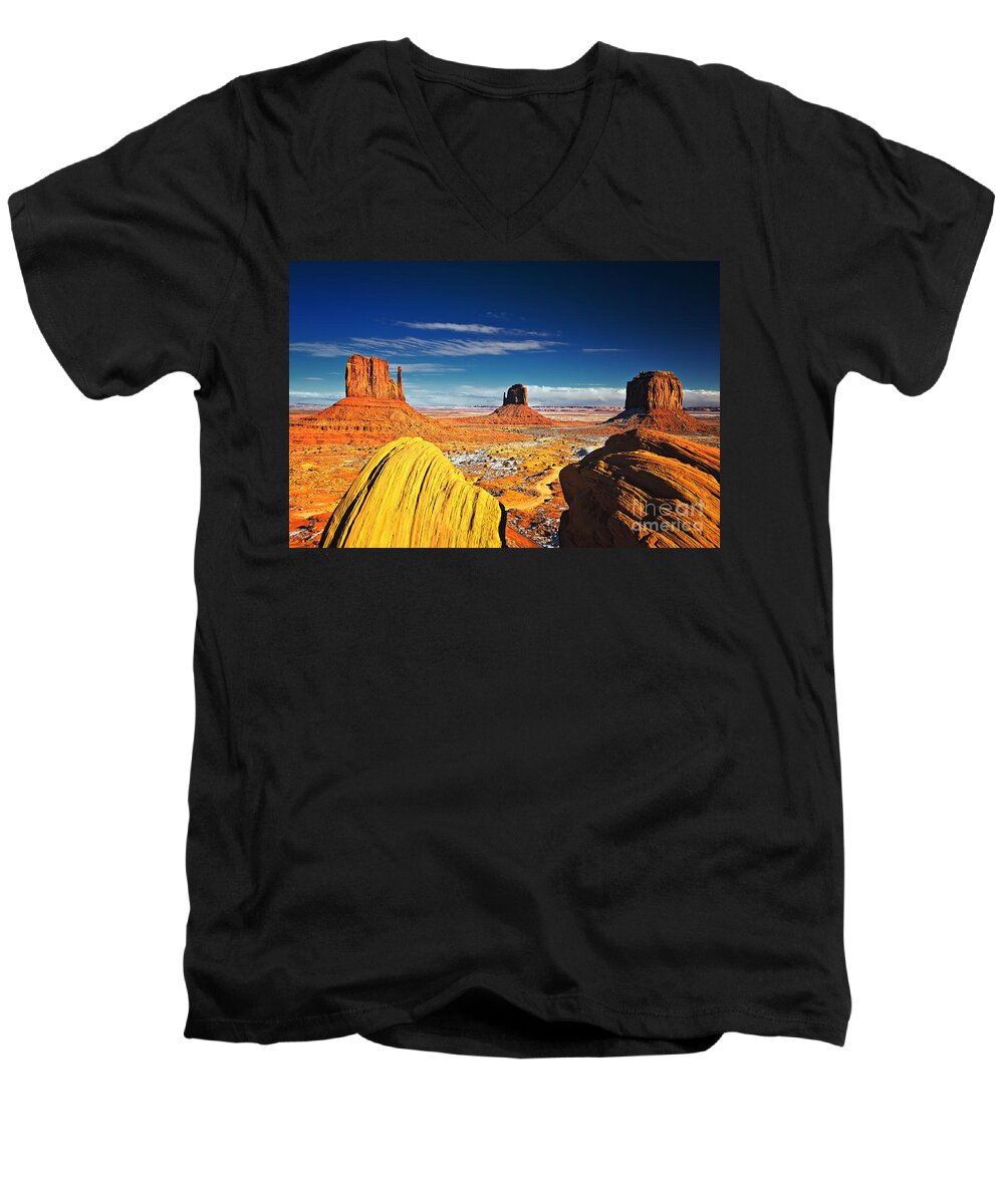 Monument Valley Men's V-Neck T-Shirt featuring the photograph Monument Valley Mittens Utah USA by Sam Antonio