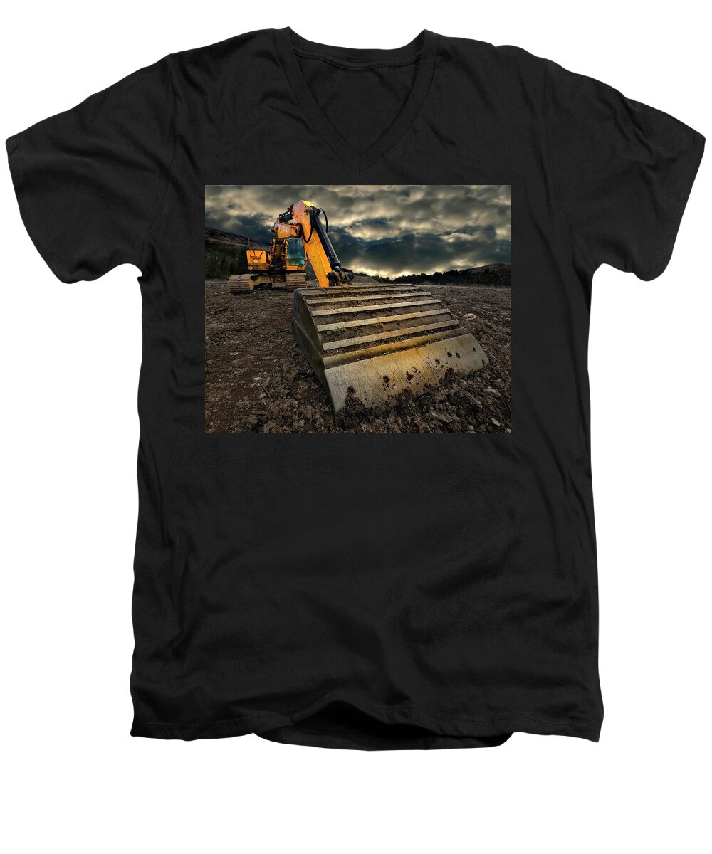 Activity Men's V-Neck T-Shirt featuring the photograph Moody Excavator by Meirion Matthias
