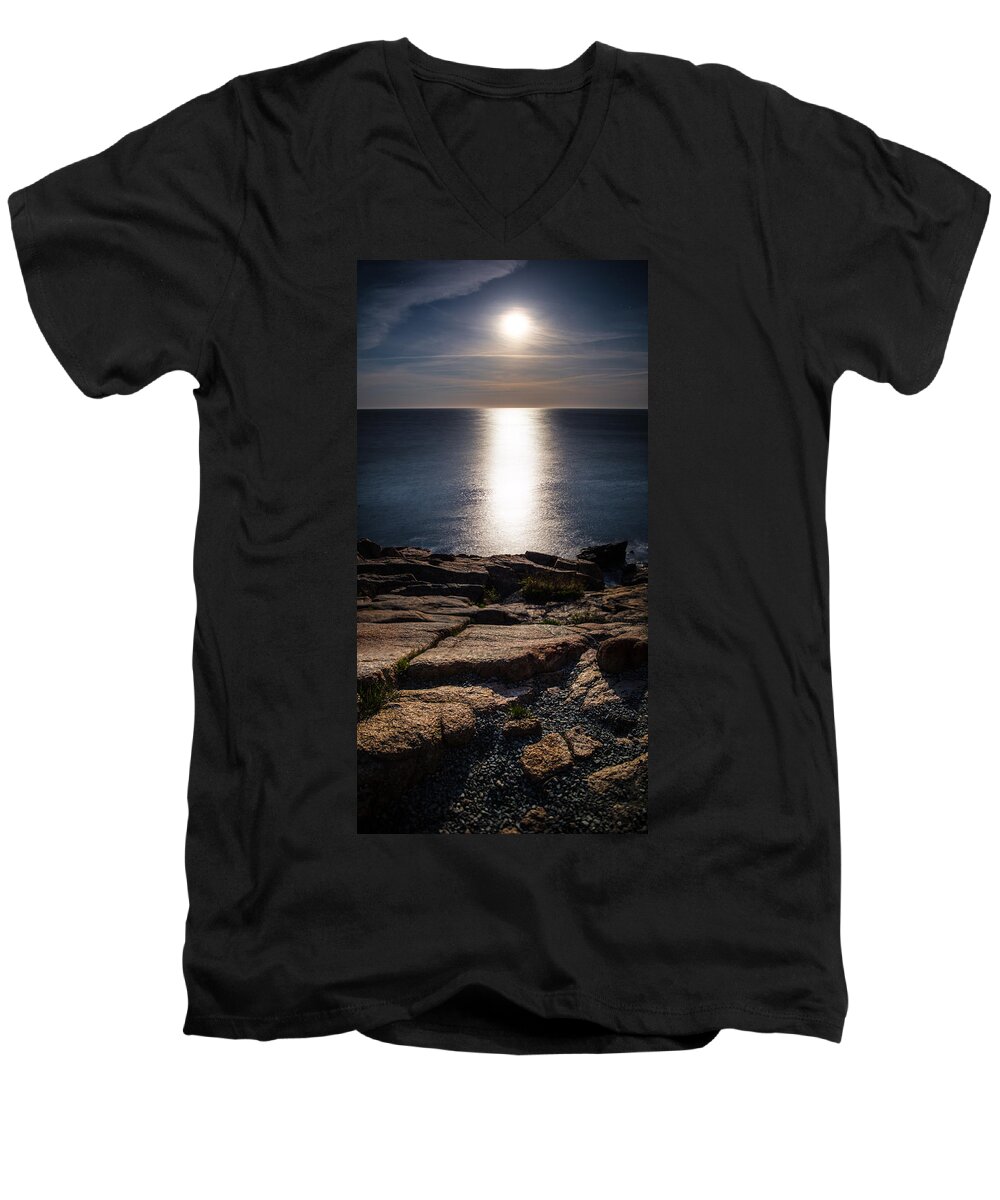 Night Men's V-Neck T-Shirt featuring the photograph Moon Over Acadia Shores by Brent L Ander