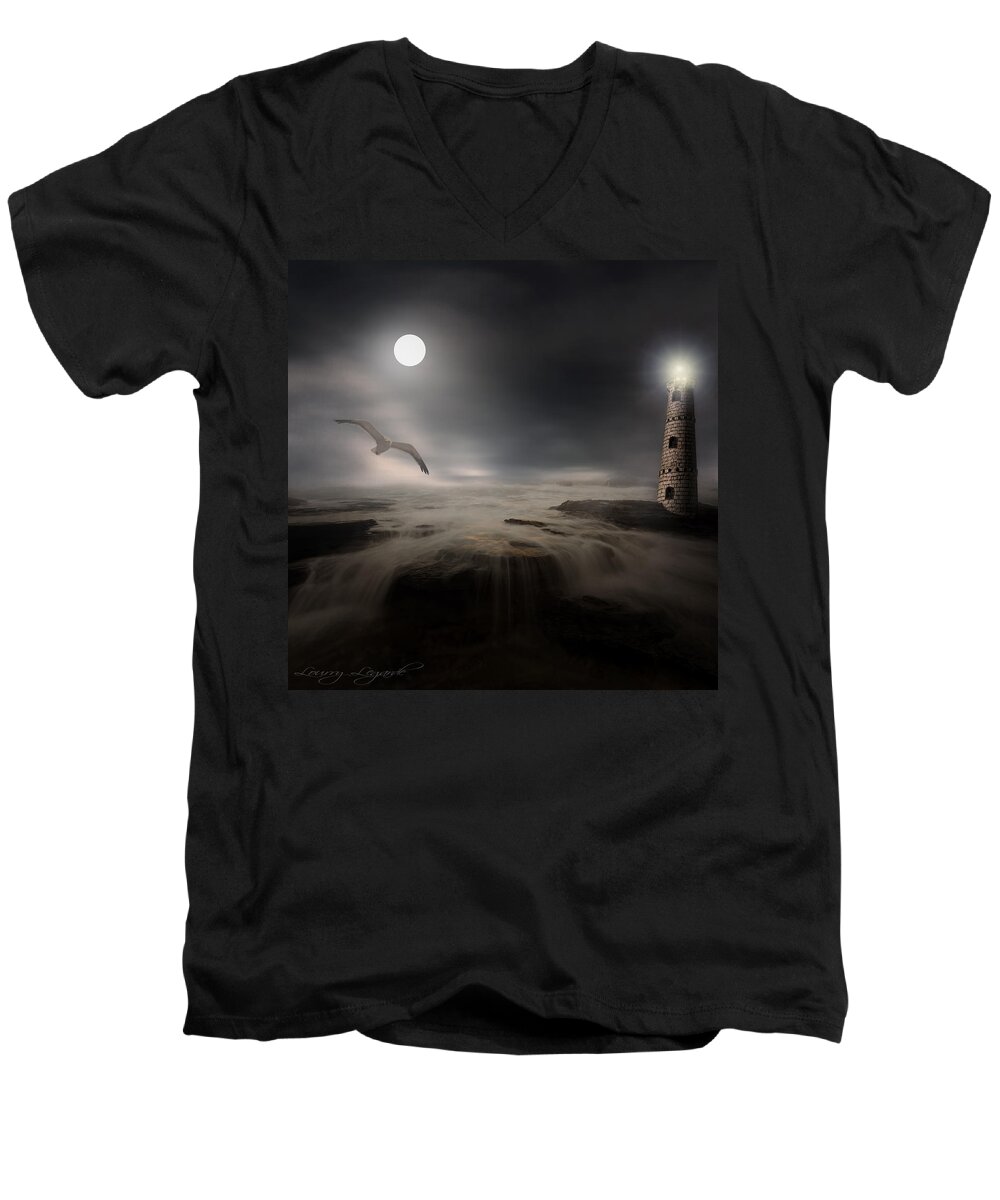 Lighthouse Men's V-Neck T-Shirt featuring the photograph Moonlight Lighthouse by Lourry Legarde