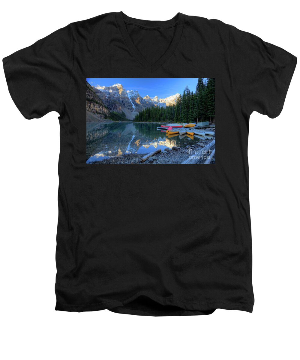 Lake Louise Men's V-Neck T-Shirt featuring the photograph Moraine Lake Sunrise Blue Skies Canoes by Wayne Moran