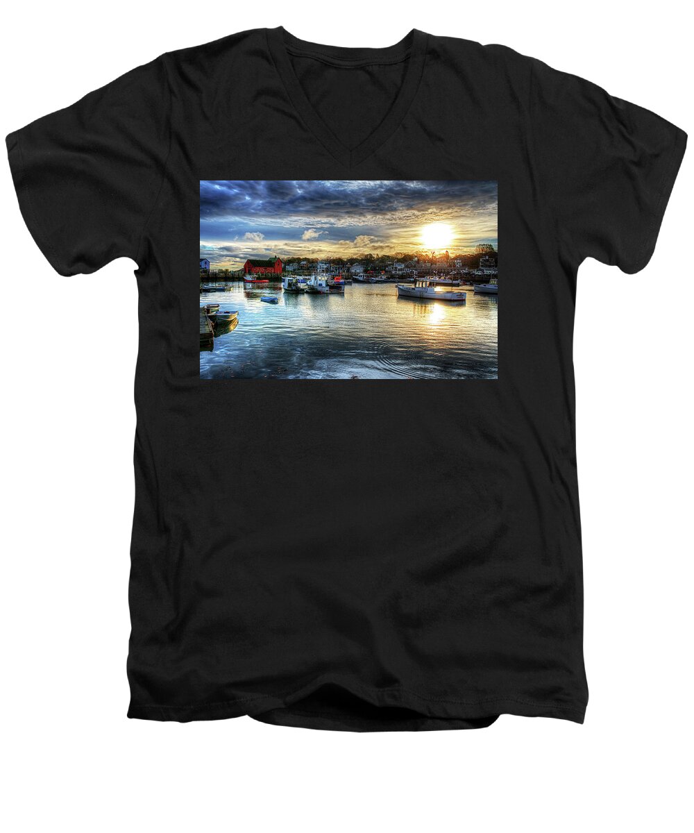 Rockport Men's V-Neck T-Shirt featuring the photograph Motif #1 Sunrise Rockport MA by Toby McGuire