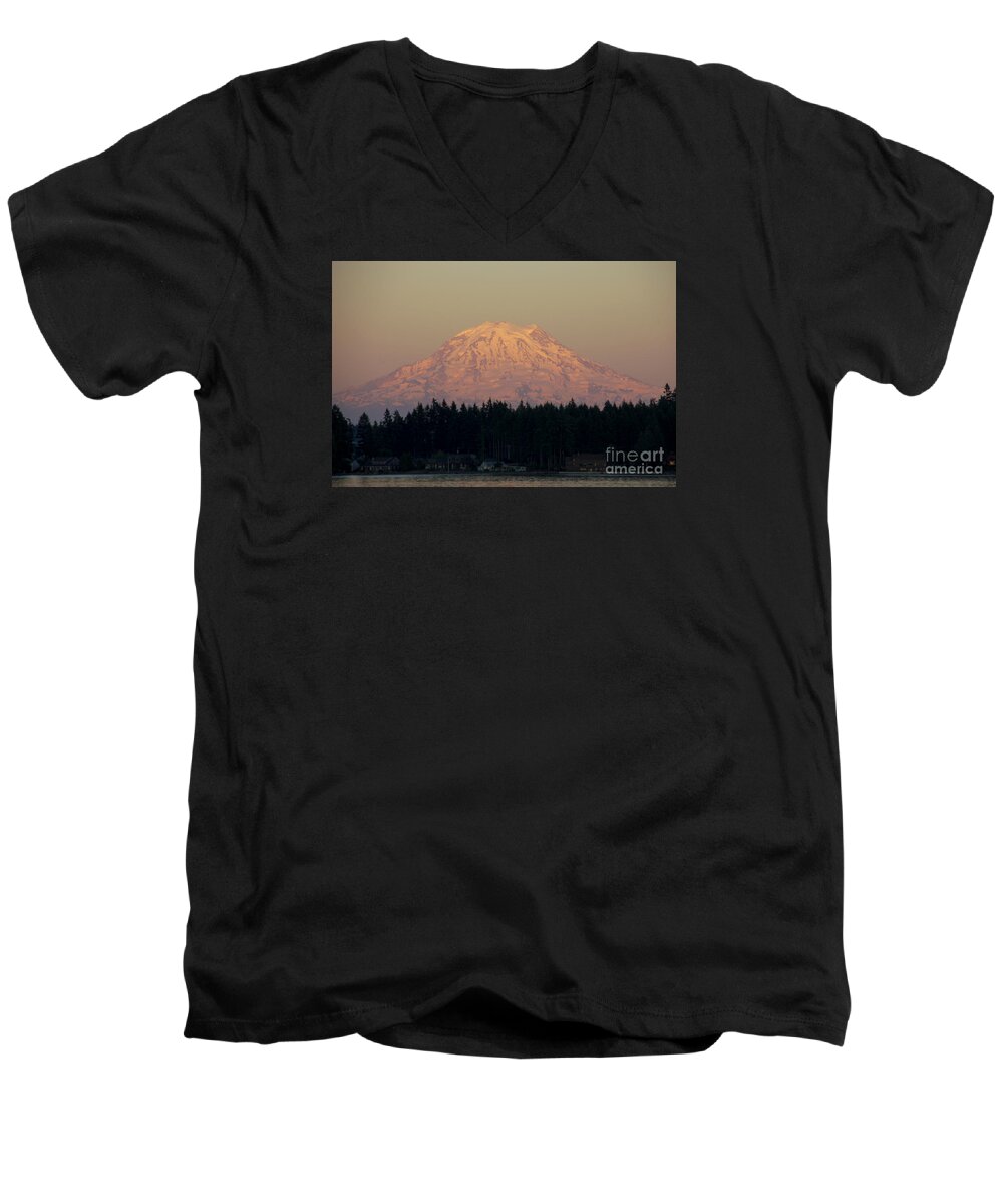 Mt. Rainier Sunset Men's V-Neck T-Shirt featuring the photograph Mt Rainier Alpine Glow II by Chuck Flewelling