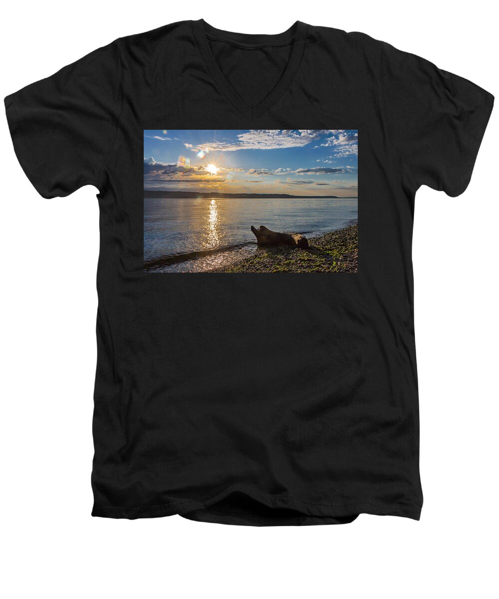 Sky Men's V-Neck T-Shirt featuring the photograph Mukilteo Beach by Ed Clark