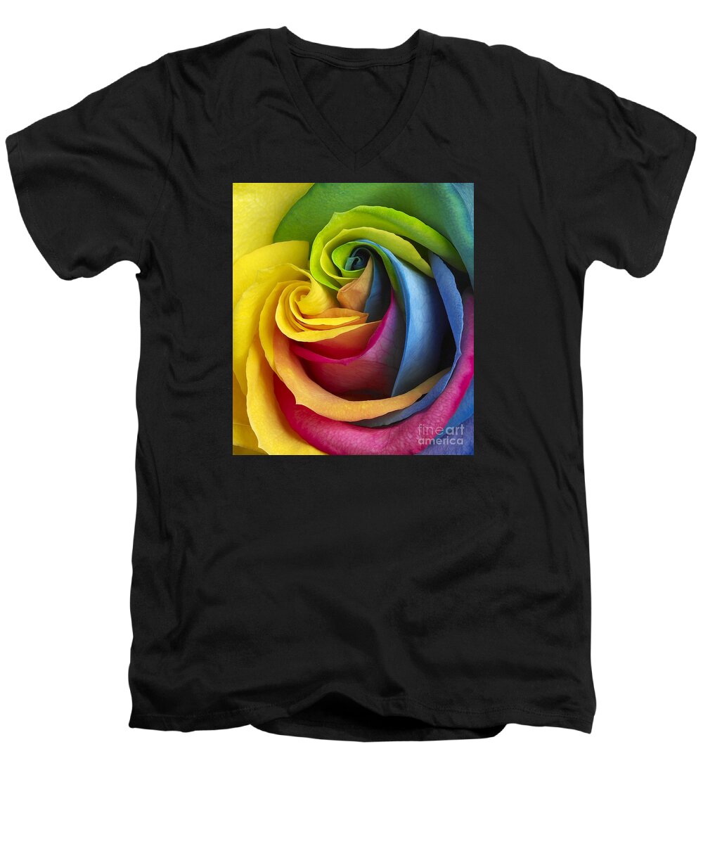 Rainbow Rose Men's V-Neck T-Shirt featuring the photograph Rainbow Rose by Tony Cordoza