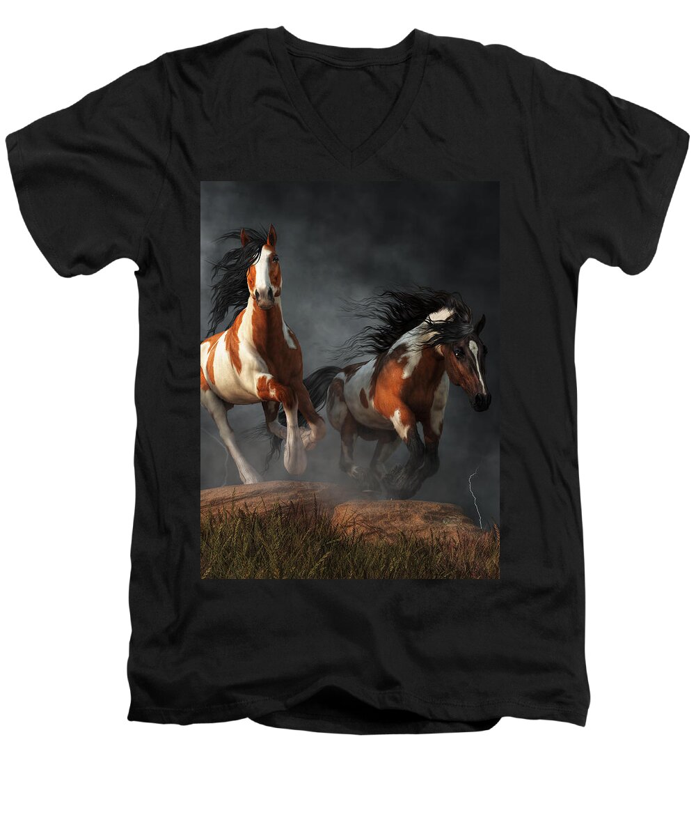 Mustangs Of The Storm Men's V-Neck T-Shirt featuring the digital art Mustangs of the Storm by Daniel Eskridge