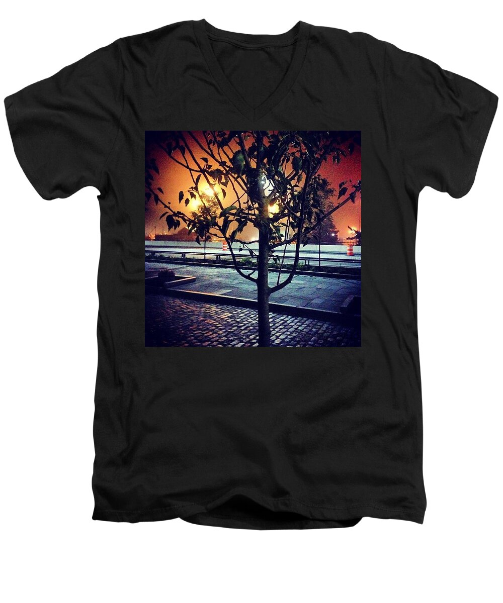Rainy Men's V-Neck T-Shirt featuring the photograph Rainy Downtown Night by Kate Arsenault 