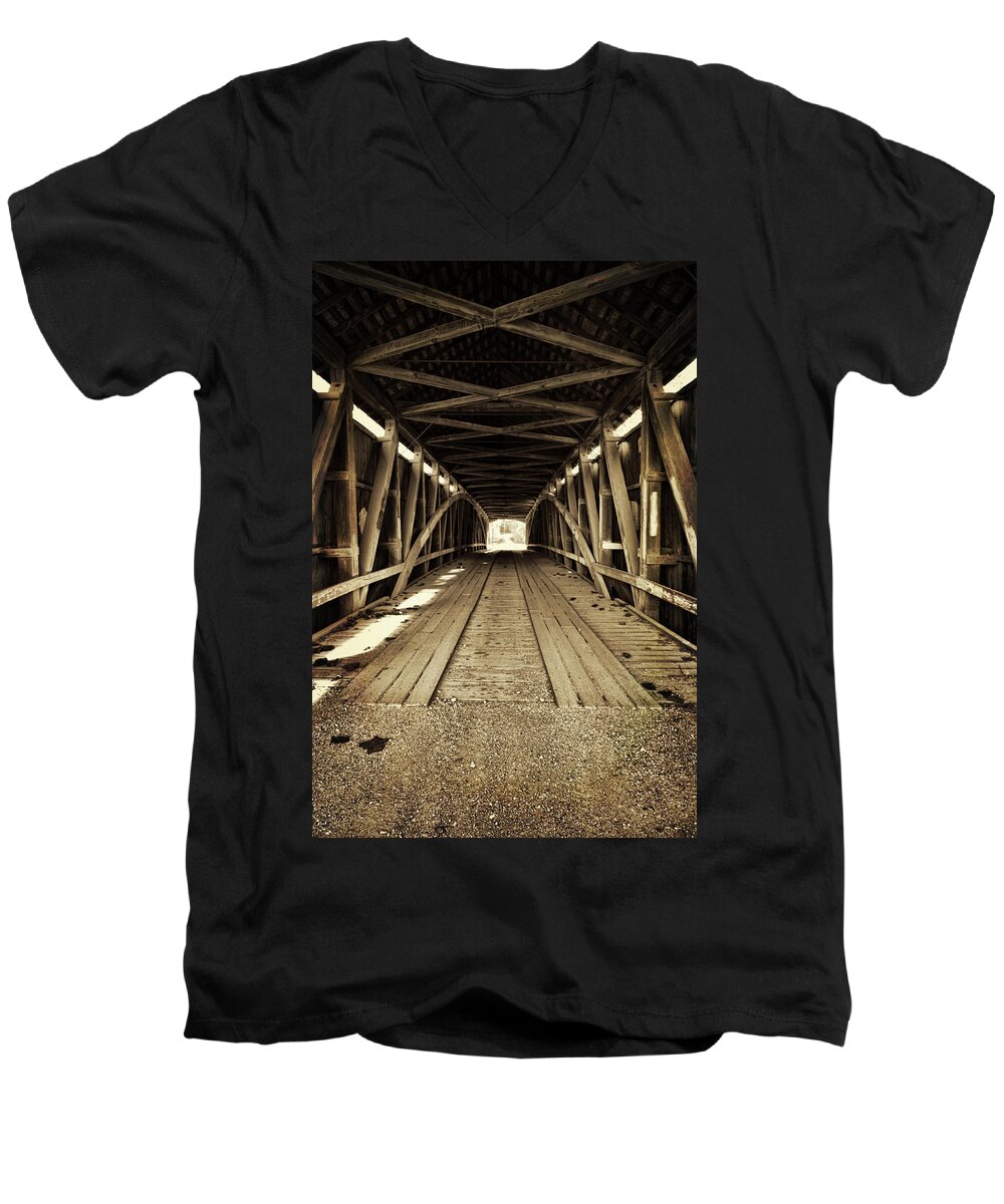 Covered Bridge Men's V-Neck T-Shirt featuring the photograph Nevins Bridge by Joanne Coyle
