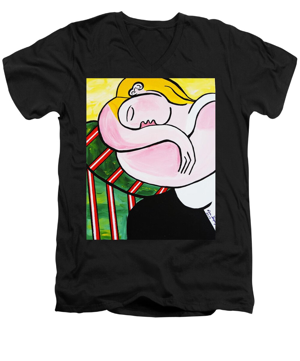 Picasso By Nora Men's V-Neck T-Shirt featuring the painting New Picasso By Nora Out Cold by Nora Shepley