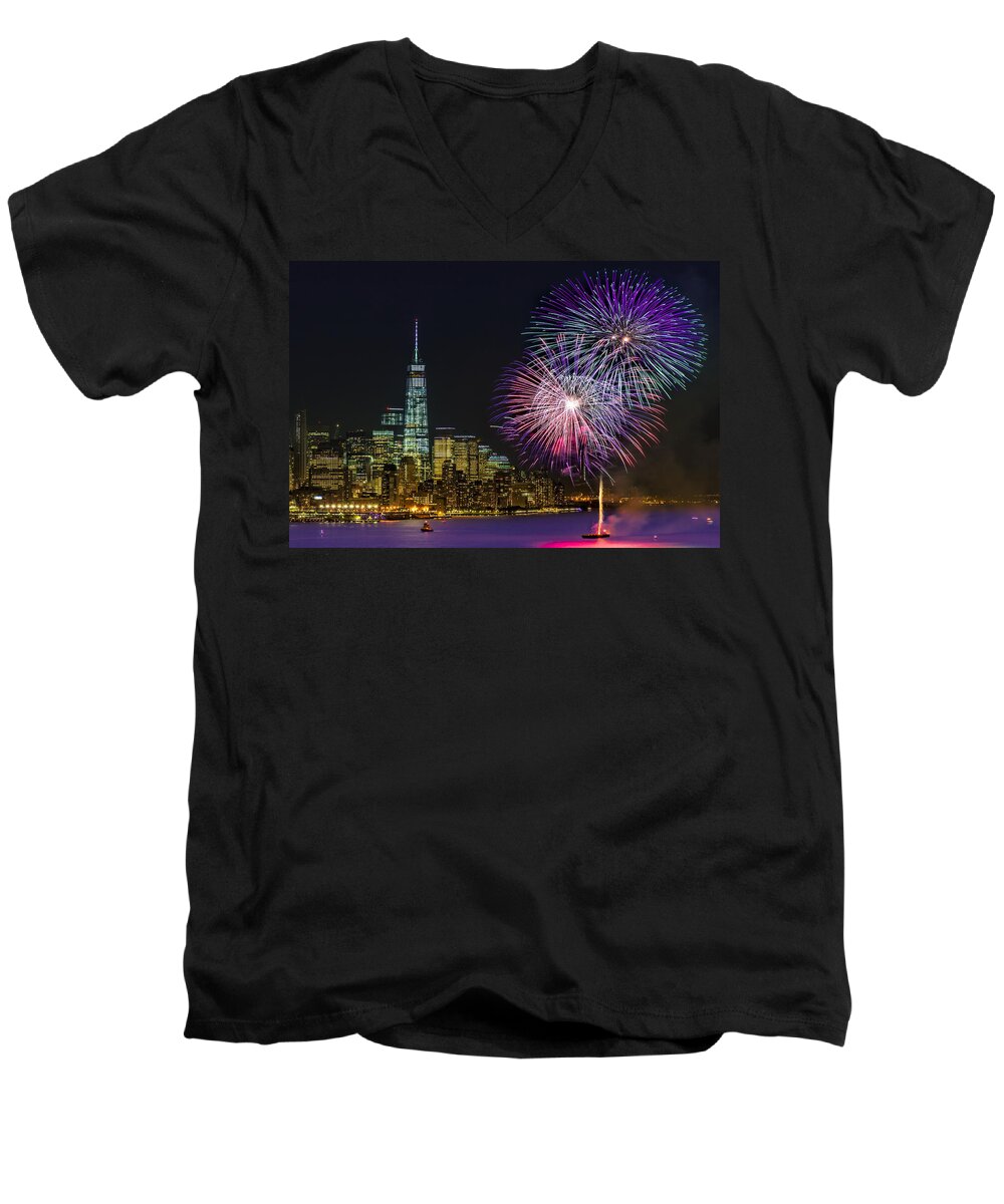 Fireworks Men's V-Neck T-Shirt featuring the photograph New York City Summer Fireworks by Susan Candelario
